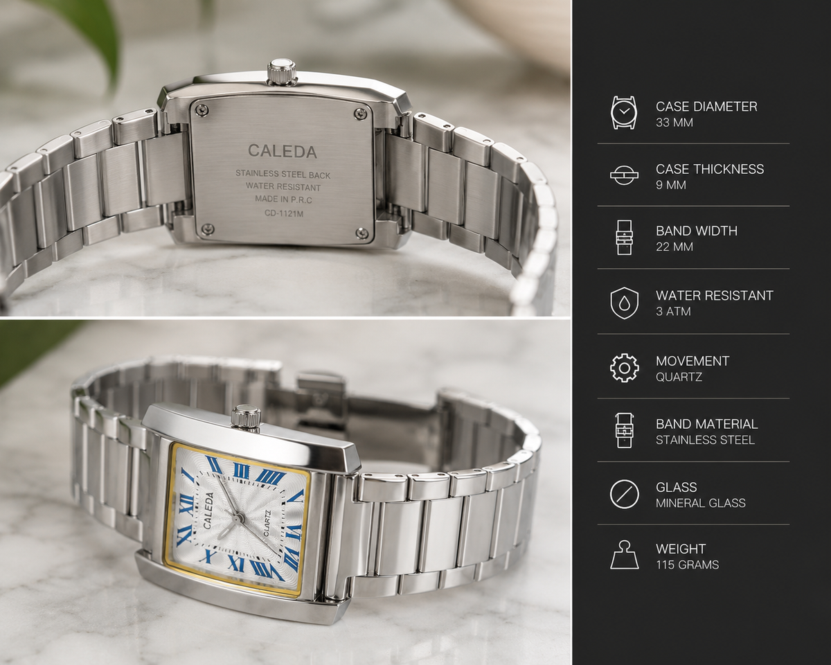 CALEDA RECTANGULAR QUARTZ WATCH | SILVER DIAL | STAINLESS STEEL | PREMIUM QUALITY