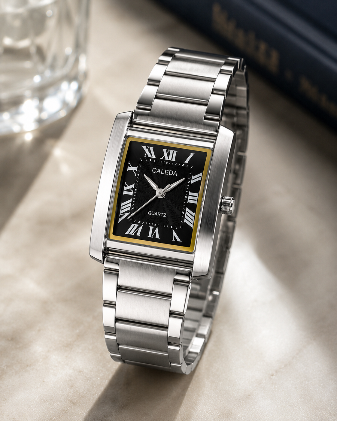 CALEDA RECTANGULAR QUARTZ WATCH | BLACK DIAL | STAINLESS STEEL | PREMIUM QUALITY
