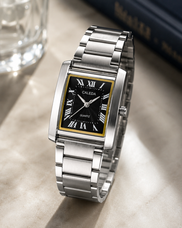CALEDA RECTANGULAR QUARTZ WATCH | BLACK DIAL | STAINLESS STEEL | PREMIUM QUALITY