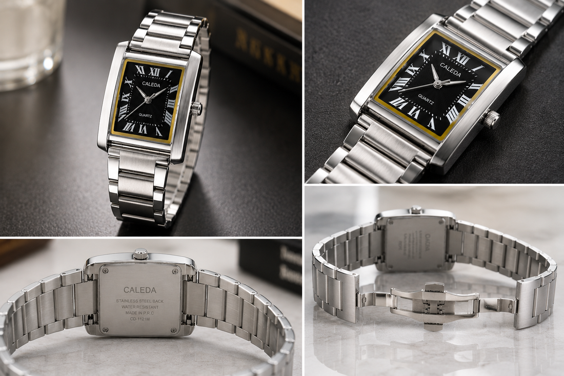 CALEDA RECTANGULAR QUARTZ WATCH | BLACK DIAL | STAINLESS STEEL | PREMIUM QUALITY